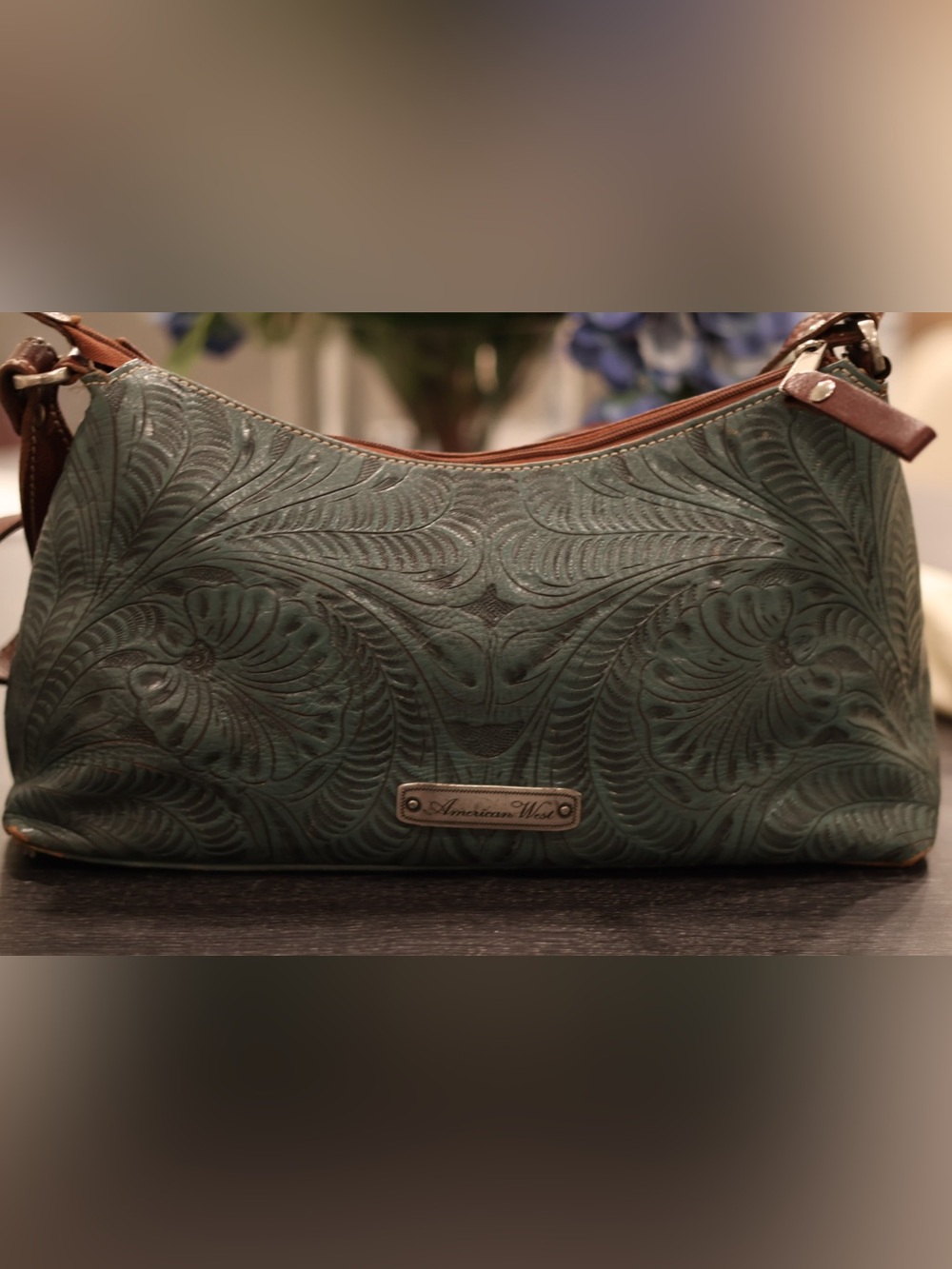 American West Tooled Leather Floral Embossed green Shoulder Bag Western Purse